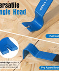 Four-Piece Flat Pry Bar Set With 5.5 Inch Mini Bar, 7.5 Inch Nail Puller, showing blue angle heads on wood surface for home remodeling.