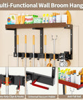 Space Saving Wall Mount Broom Holder With Cleaning Supplies Organizer, Mop Rack, Vacuum Organizer And Shelf image showcasing clips, vacuum holder, and shelf with cleaning supplies.