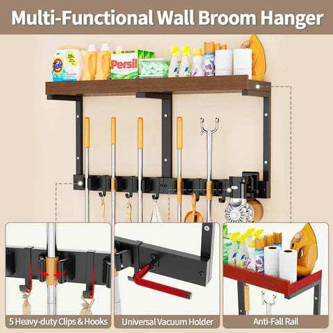 Space Saving Wall Mount Broom Holder With Cleaning Supplies Organizer, Mop Rack, Vacuum Organizer And Shelf image showcasing clips, vacuum holder, and shelf with cleaning supplies.