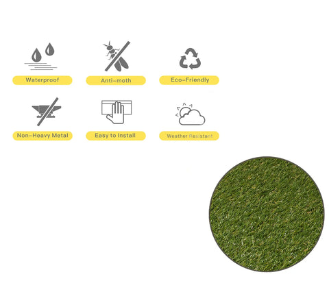 Icons highlighting features of Interlocking Artificial Grass Tiles for Outdoor Decking and Indoor Decor, with close-up of turf texture.
