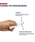 White Heavy Duty PVC Edge Banding Tape, Three Quarter Inch By 25 Feet Long, Peel And Stick Vinyl Edging Trim in hand for installation.