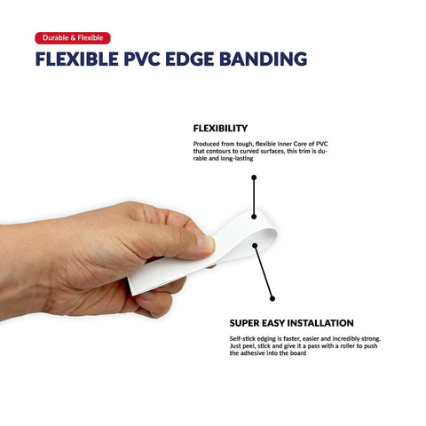 White Heavy Duty PVC Edge Banding Tape, Three Quarter Inch By 25 Feet Long, Peel And Stick Vinyl Edging Trim in hand for installation.