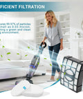 Person using Navigator Zero-M vacuum with Pro Grade Filter Replacement Kit showing HEPA filter and foam.