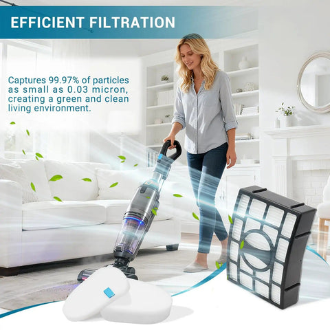 Person using Navigator Zero-M vacuum with Pro Grade Filter Replacement Kit showing HEPA filter and foam.