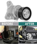 Drive Belt Tensioner Assembly Pulley Kit For Dodge Journey Avenger 09 To 14 Fits Jeep Compass Patriot 08 To 16 Replaces 1345A059 1345A060 1345A079 Heavy Duty Steel Stop The Squeal Extends Life And Saves Some Cash On Repairs. steel tensioner pulley with before and after engine bay install