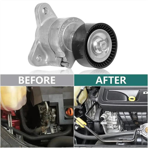 Drive Belt Tensioner Assembly Pulley Kit For Dodge Journey Avenger 09 To 14 Fits Jeep Compass Patriot 08 To 16 Replaces 1345A059 1345A060 1345A079 Heavy Duty Steel Stop The Squeal Extends Life And Saves Some Cash On Repairs. steel tensioner pulley with before and after engine bay install