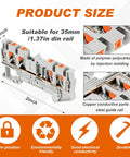 Diagram of DIN Rail Terminal Block Kit For Quick No-Fuss Wiring With Twin Spring Push-In Connectors And Screwless PT Setup, dimensions and material details shown.