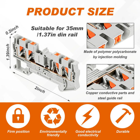 Diagram of DIN Rail Terminal Block Kit For Quick No-Fuss Wiring With Twin Spring Push-In Connectors And Screwless PT Setup, dimensions and material details shown.