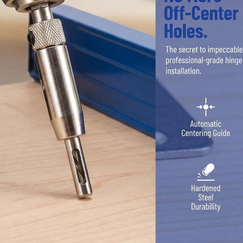 Get Your Hinge Drilling Game Strong With This 4Pc Self Centering Drill Bit Kit showing a close-up of a drill bit with guide sleeve.