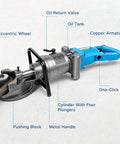Close-up of Crafthydro 1600W Electric Hydraulic Rebar Bender Tool showing components like oil tank and pushing block.