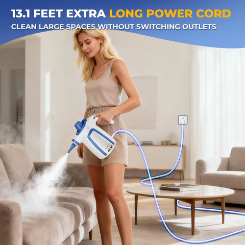 Tough Day Grime Handheld Steam Cleaner That Heats Up Fast With A 13 Foot Cord in use cleaning a couch.