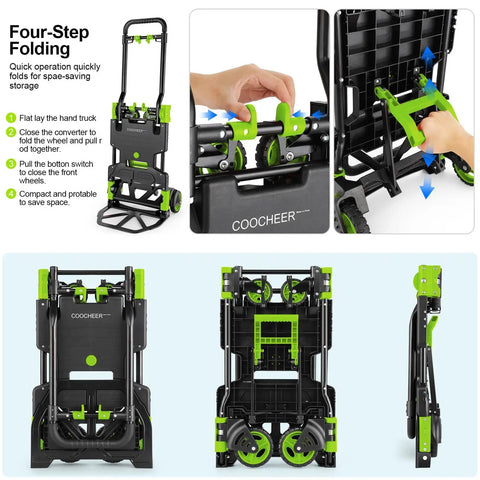 Straight Up Heavy Duty Folding Hand Truck Dolly Flips Between Four And Two Wheels And Handles Three Hundred Thirty Pounds Like A Boss For Quick Errands And Heavy Loads In Durable Green Finish