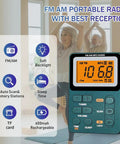 Rechargeable Pocket Radio With AM FM Tuner And Dope Reception Digital Tuning displayed with features and LCD screen