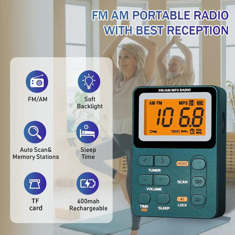 Rechargeable Pocket Radio With AM FM Tuner And Dope Reception Digital Tuning displayed with features and LCD screen