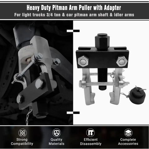 Beefy Heavy Duty Pitman Arm Puller With Adapter and Adjustable Jaws in use on vehicle component
