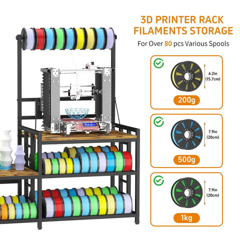 Heavy Duty 3D Printer Desk With Knockout Filament Storage Rack And Plug And Play Power Outlet, Dual Print Station For Abs Pla Tpu Spools, Boss Level Organization For Streamlined Workflows, Sturdy Wood Cabinet Setup In Classic Retro Brown