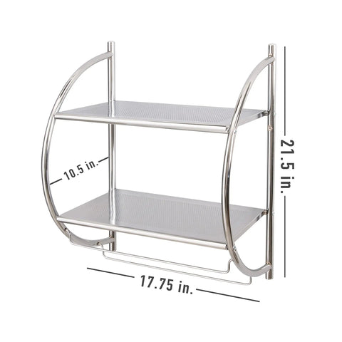 Wall Mounted Two Tier Bathroom Shelf With Two Towel Bars, Chrome Finish, dimensions labeled, space saver design