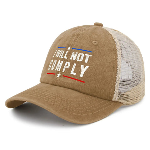 Standout Women's Golf Trucker Cap With Adjustable Buckle All Season Comfort Fashionable Sun Shield Hat For Casual Outings Custom Design Fits Most Heads Keeps You Looking Fly in khaki with 'I WILL NOT COMPLY' text.