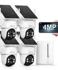 Wireless Outdoor Security Camera System With Solar Power 4 Camera 4MP HD Surveillance Base Station Local Storage shown with phone