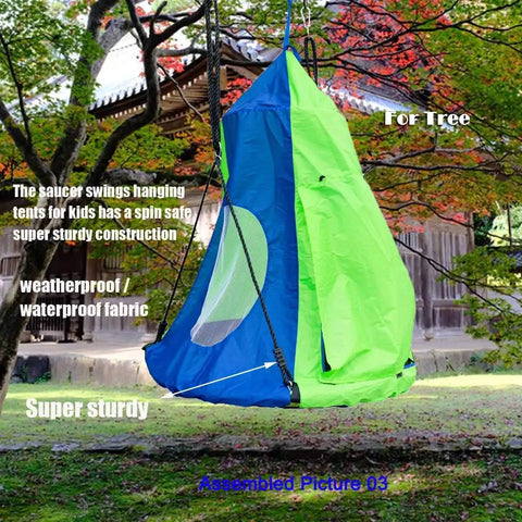 Waterproof Hanging Swing Tent Cover For 40 Inch Round Saucer Disc Nest Hammock Chair in backyard with trees.