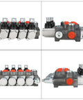 Four-spool hydraulic control valve block with red port plugs; metal body and BSPP interface, shown from front and side views