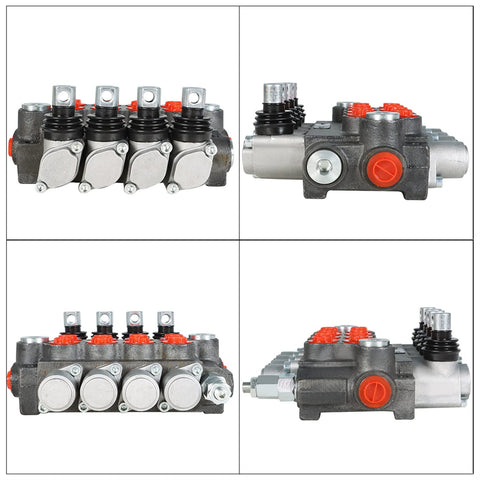 Four-spool hydraulic control valve block with red port plugs; metal body and BSPP interface, shown from front and side views