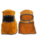 Front and back view of Leather Welding Hood With Flip Open Lens For Face, Head And Neck Protection, Breathable Cowhide Shield Mask