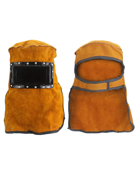 Front and back view of Leather Welding Hood With Flip Open Lens For Face, Head And Neck Protection, Breathable Cowhide Shield Mask