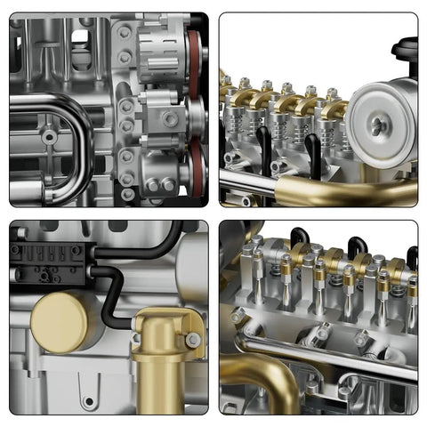 Hands On 1/10 Scale Metal OHV Inline Four Engine Model Kit With Cooling System For Mechanical Engineering Education, 300+ Piece Educational Science Experiment Kit That Actually Works. close-up metal engine parts
