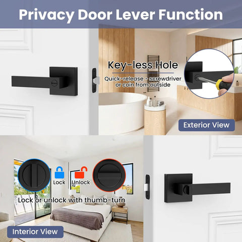 Two Pack Privacy Door Levers In Matte Black Interior Door Handles With Keyless Locks For Bedroom Or Bathroom Left Or Right Handed Easy Install Rust Resistant Zinc Alloy Anti Saw Security Bolt showing interior and exterior views of use.
