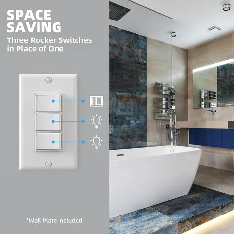 Three Paddle Decorator Rocker Light Switch For In Wall Installation 15A 120V Single Pole Electrical Paddle Self Grounding Wall Plate Included UL Listed Glossy White Finish Smooth On Off Action For Easy Room Lighting next to modern bathroom scene.
