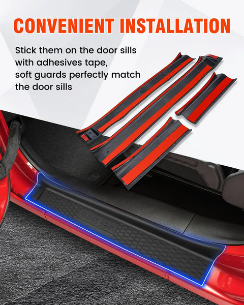 Door Sill Guards Kit For 2018 To 2025 Jeep Wrangler JL JLU And Gladiator JT 4 Door Black Rubber Protectors, adhesive installation