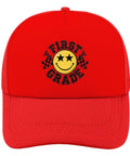 Too Cool For 1st Grade Funny Hat Red Unisex Tennis Trucker Cap front view featuring smiley face design