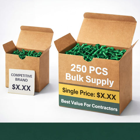 Open boxes of green grounding screws for electrical boxes, labeled as bulk supply, next to a price comparison sign.
