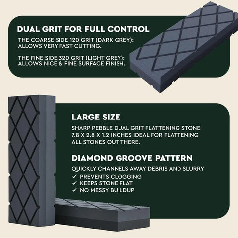 Dual Grit Diamond Whetstone Flattening Stone For Coarse And Fine Surfaces shown with 120/320 grit and groove pattern for sharpening stone maintenance.