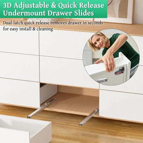 Top Shelf Undermount Drawer Slides 20 Inch Full Extension Featuring Slick Soft Close Hydraulic Damper And 3D Adjustable Quick Release For Dead Nuts Stable Cabinet Hardware 100 Lb Capacity with quick release feature.