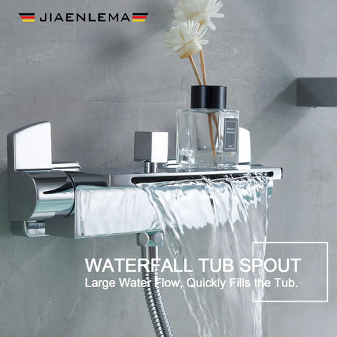 Wall Mount Waterfall Bathtub Faucet With Handheld Shower In Brushed Gold Finish, modern high flow spout, close-up view