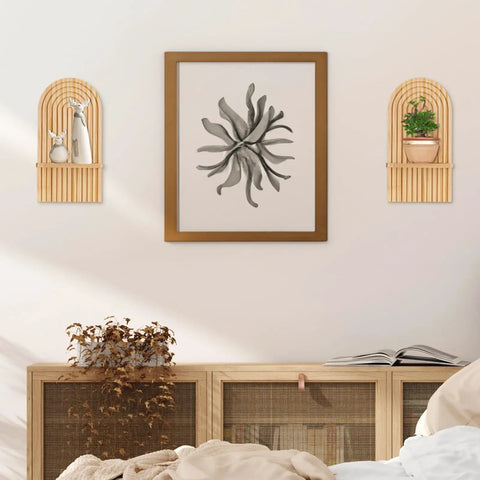 Lowkey Stunning Boho Wall Decor Set Of Two Natural Wood 3D Arch Candle Holder Mid Century Modern Living Room Accent on wall