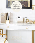 Gold Desk File Folder Organizer Set With Hanging File Holder Letter Size Tray Magazine File Organizer Pen Cup Sticky Note Holder And Sorter For A Tidy Desktop Office shown on a white desk.