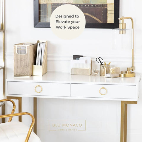 Gold Desk File Folder Organizer Set With Hanging File Holder Letter Size Tray Magazine File Organizer Pen Cup Sticky Note Holder And Sorter For A Tidy Desktop Office shown on a white desk.