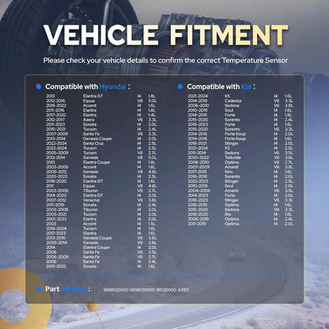 Vehicle fitment chart for Ambient Air Temperature Sensor For Hyundai Elantra Kia Forte includes compatible models and specifications.
