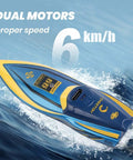 Mini RC Boat 2.4GHz Remote Control Toy For Pool And Bath, 360 Spin And Steady Grip, dual motors shown on water surface.