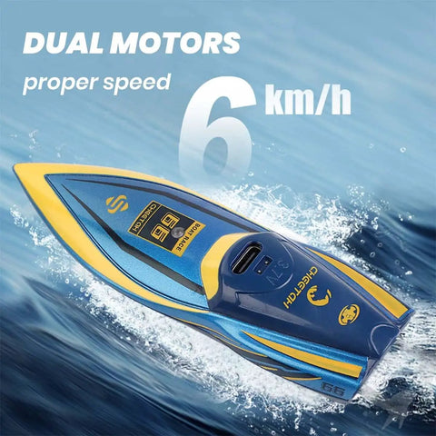 Mini RC Boat 2.4GHz Remote Control Toy For Pool And Bath, 360 Spin And Steady Grip, dual motors shown on water surface.