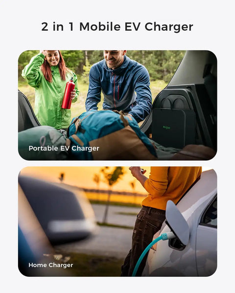 2 in 1 Mobile EV Charger, Portable and Home Charger options with EV charging in scenic outdoor and parking settings.
