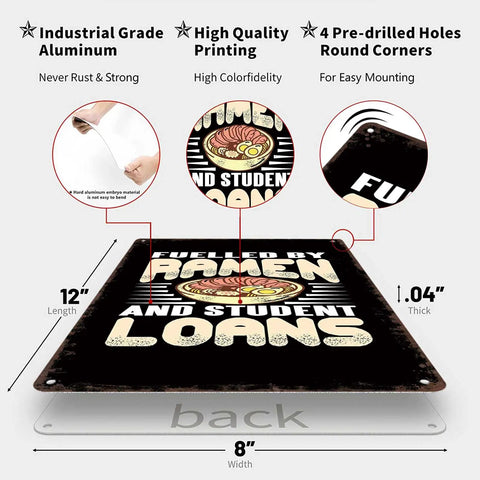 Funny Ramen Vintage Metal Sign 8x12 Inches Tin Wall Art featuring ramen bowl design with student loans text, durable aluminum
