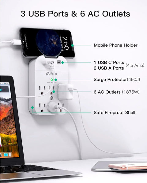 Power Strip With Built In Surge Protector Six Outlets And Three USB Ports One USB C And Two USB A Wall Mountable With Top Phone Holder 490 Joules A Real Workhorse For Home Office And School Charge Up To Nine Devices shown in use