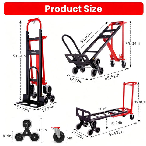 Rock Solid Heavy Duty Workhorse 1000 Pound Stair Climbing Dolly Four In One Convertible Hand Truck Foldable Moving Cart With Bulletproof Solid Wheels For Crushing Loads At Home Or Work Red sizes and measurements.
