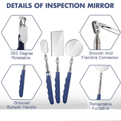 Three Piece Telescoping Inspection Mirror Set With Stainless Steel Handles For Mechanics And Techs Extendable Long Reach