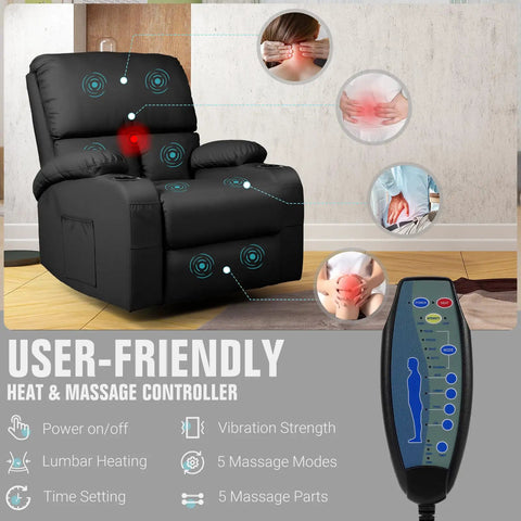 Rocking Recliner Chair With Massage And Heat, 360 Degree Swivel Faux Leather Lounge Chair for Living Room, features massage settings and remote control.