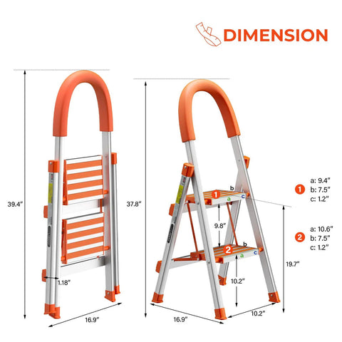 2 Step Aluminum Ladder Portable Folding Step Stool For Home And Kitchen Lightweight Sturdy 500 Lbs dimensions illustration